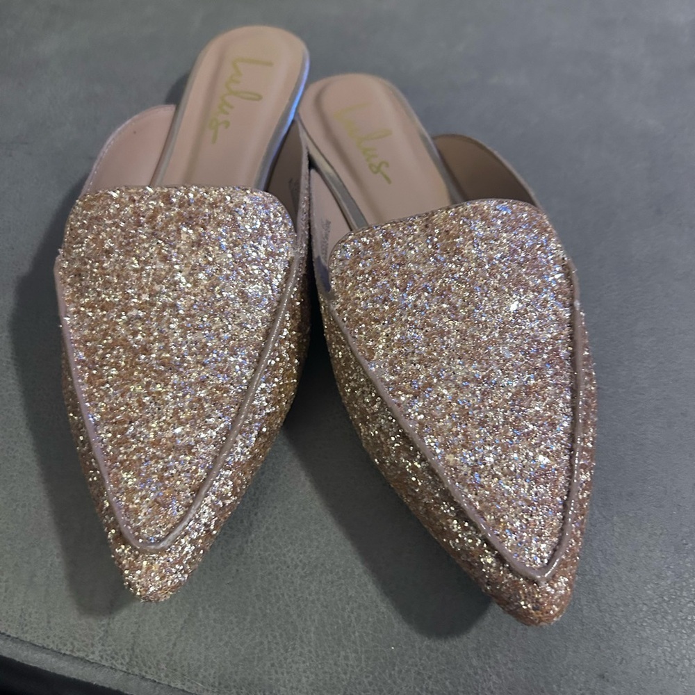 Shoes sale 50%off Lulus Joelle Rose gold cooper Glitter  8.5  mules flat S14 - Picture 2 of 8